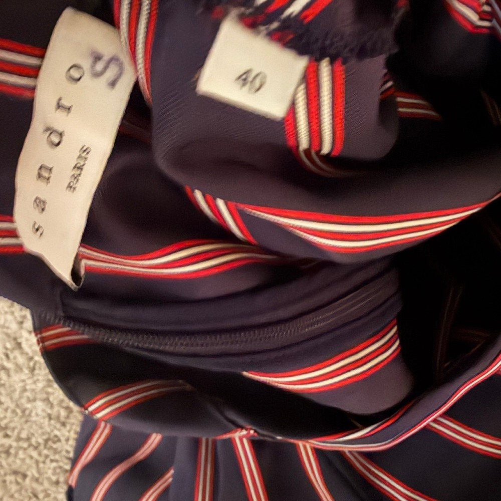 Sandro Paris Striped Mock Neck Tie Waist Mini Dress Navy Red Satin Size 40|US 8 - Picture 7 of 8